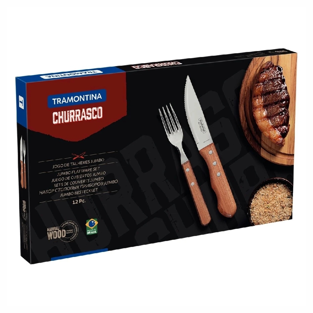 Jogo para Churrasco Tramontina Dynamic com Lâminas em Aço Inox e Cabos de Madeira Natural 12 Peças-TR-22399063